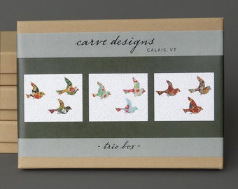 Trio - A boxed set of 10 blank notecards. Birds , origami paper , aqua , green , red. Plastic free packaging