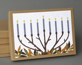 Branch Menorah Hanukkah card: A boxed set of 10 blank nature inspired cards celebrating the beauty of the season. Plastic free packaging.