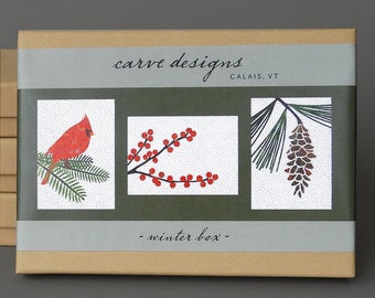 Winter Mix: A boxed set of 10 blank nature inspired notecards, origami paper, winterberry, cardinal, white pine. Plastic free packaging.