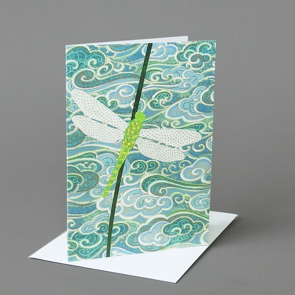 Dragonfly: A nature inspired blank notecard , origami paper , aqua