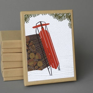 Red Sled: A boxed set of 10 blank Christmas holiday cards, plastic free packaging