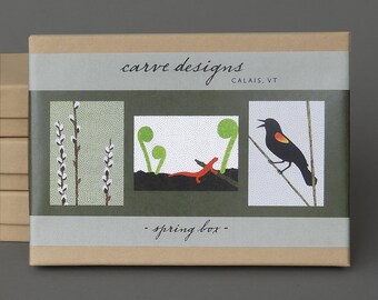 Spring- A boxed set of 10 blank notecards, red eft, pussy willow, red winged blackbird. Plastic free packaging