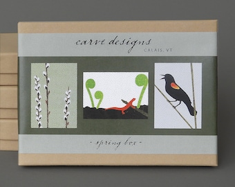 Spring- A boxed set of 10 blank notecards, red eft, pussy willow, red winged blackbird. Plastic free packaging