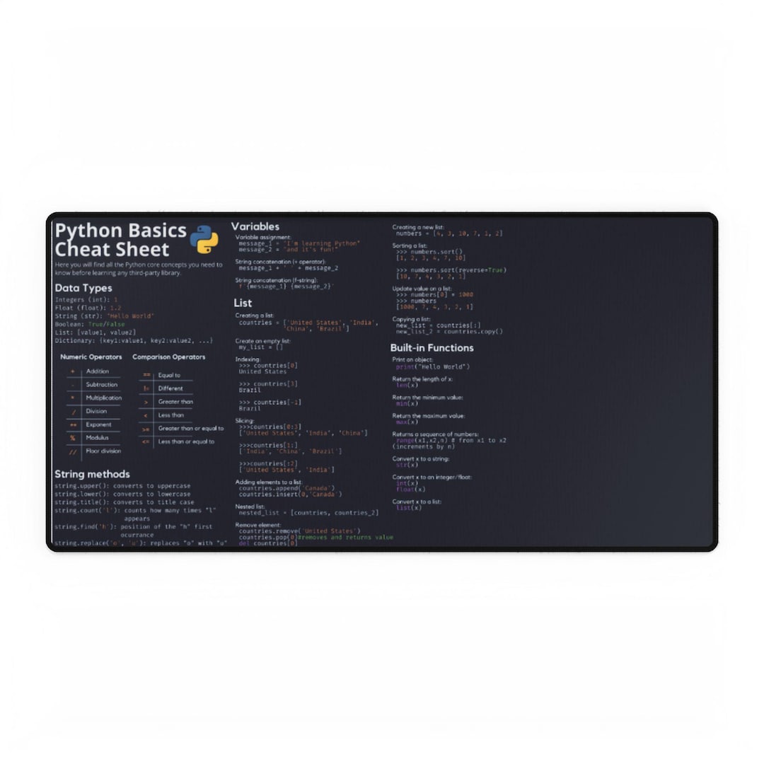 Python Basics Cheat Sheet Desk Mat | Programming Reference Mouse Pad - Etsy