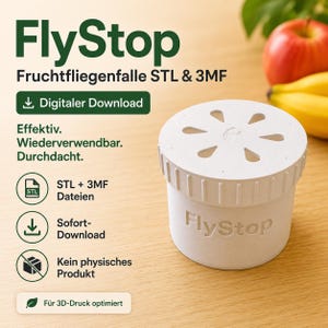 Puede incluir: Un recipiente cilíndrico blanco con una tapa que presenta seis aberturas en forma de gota y el texto FlyStop en relieve en el lateral. La imagen incluye texto en alemán sobre una descarga digital de archivos STL y 3MF para impresión en 3D.