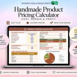 May include: A digital spreadsheet for a Handmade Product Pricing Calculator displayed on a laptop screen. The interface includes sections for product name, material costs, labor time, hourly rate, packaging, overhead, and waste percentages.