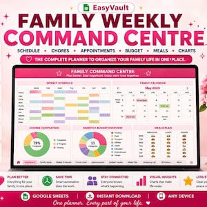 Pode incluir: Um planejador digital Family Weekly Command Centre exibido numa tela de portátil, com horário semanal, calendário familiar, gráfico de tarefas, orçamento mensal e plano de refeições. Interface em tons de rosa e branco.