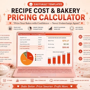 Puede incluir: Un portátil rosa que muestra una calculadora de costes de recetas y precios de panadería para Google Sheets. La pantalla muestra resúmenes de costes, un gráfico circular y gráficos de barras. El texto incluye "EASYVAULT TEMPLATES".