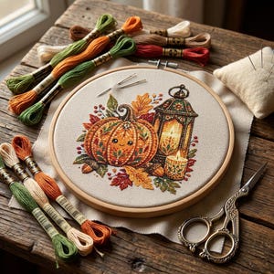 Cozy Autumn Pumpkin Lantern Cross Stitch Pattern | Fall Leaves Embroidery Design (PDF)