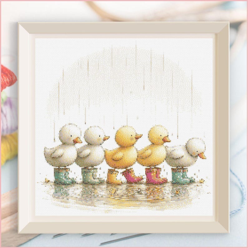 Duck Family Cross Stitch Pattern, Baby Ducklings Rain Scene, Nursery ...