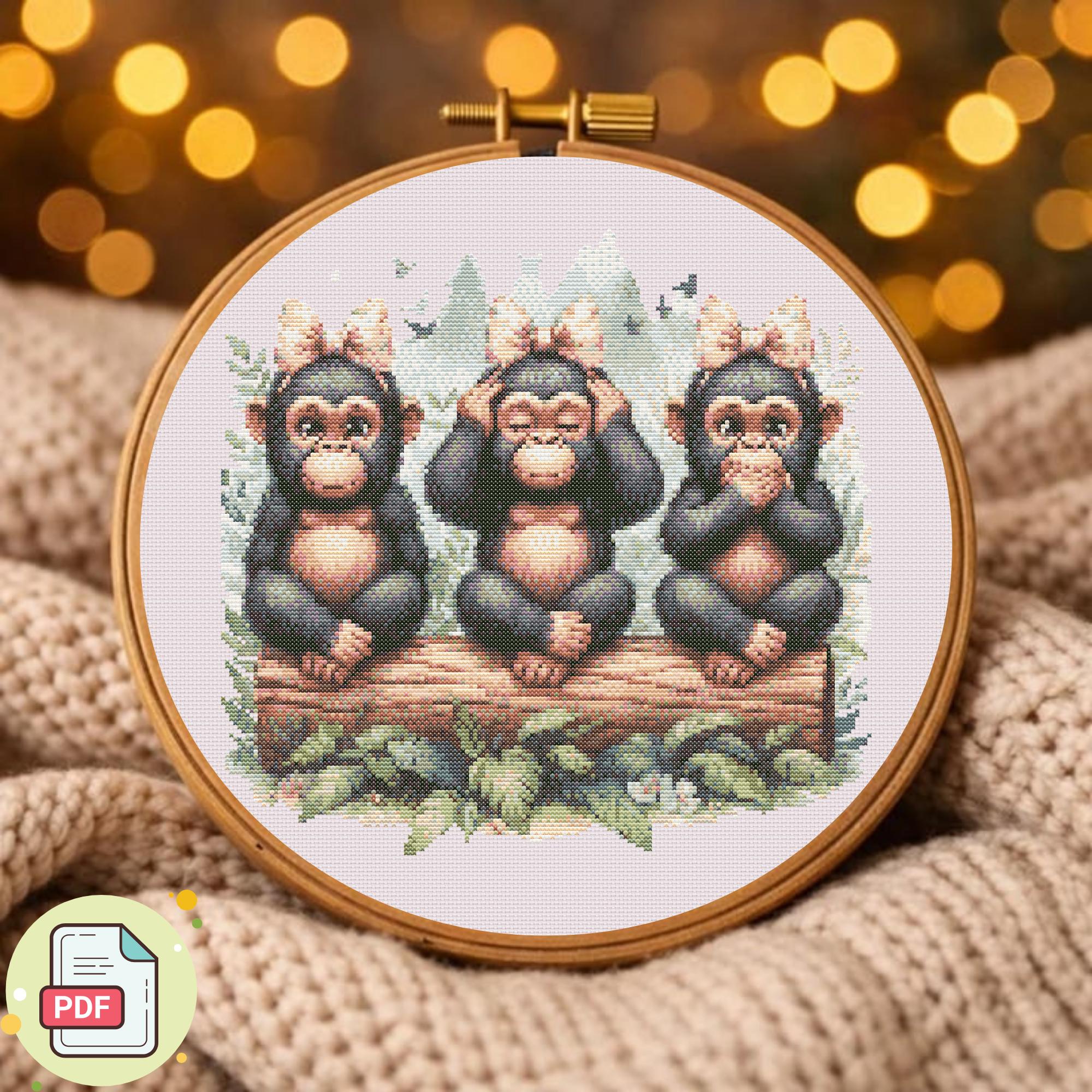 Three Wise Monkeys Cross Stitch Pattern, See Hear Speak No Evil Nursery Art