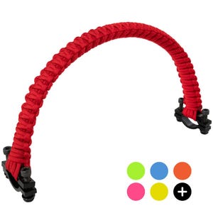 May include: A bright red, braided strap with black fixings. The strap is curved and made of a woven material. The image also includes a colour palette of green, blue, orange, pink, yellow, and a plus sign.