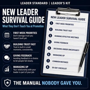以下が含まれることがあります： 「NEW LEADER SURVIVAL GUIDE」のテキストと、クリップボード上のチェックリストが描かれた濃い青色のグラフィック。チェックリストには、「First Week Priorities」などのトピックが含まれています。黒いペンがクリップボードの上に置かれています。