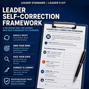 May include: A clipboard with a "Leader Self-Correction Framework" form and a black pen. The form includes sections for weekly resets, wins, gaps, corrections, and commitments. The text is in white on a blue background.