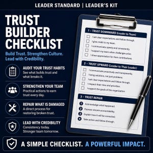 Op de afbeelding: Donkerblauwe afbeelding met de tekst "TRUST BUILDER CHECKLIST". Het bevat een checklist op een klembord met een pen en pictogrammen met tekst zoals "AUDIT YOUR TRUST HABITS" en "STRENGTHEN YOUR TEAM". De afbeelding promoot het opbouwen van vertrouwen en het versterken van de cultuur.