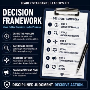 Könnte beinhalten: Grafik zum Entscheidungsrahmen mit dem Text „Decision Framework“ und „Make Better Decisions Under Pressure“. Die Grafik umreißt sechs Schritte: Definieren des Problems, Informationen sammeln, Optionen generieren, Bewerten und Entscheiden, Kommunizieren und Ausführen sowie Überprüfen.