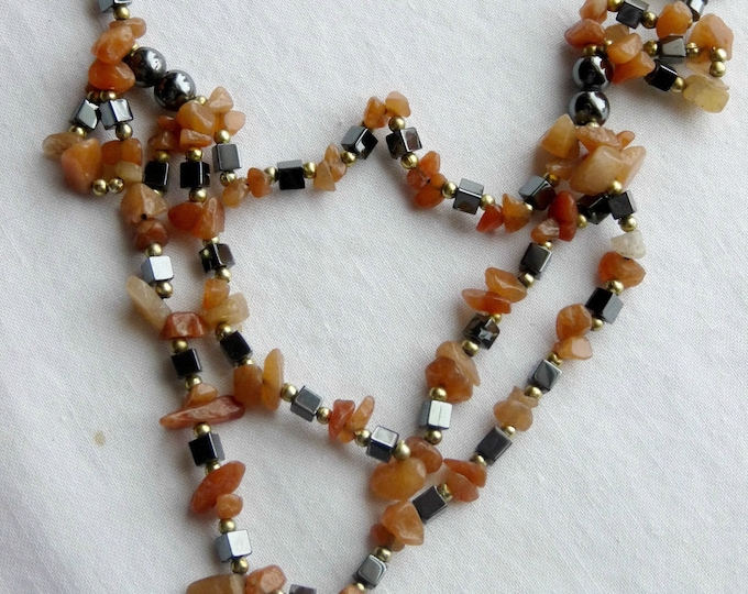 Vintage Large Layered Hematite and Red Aventurine Necklace