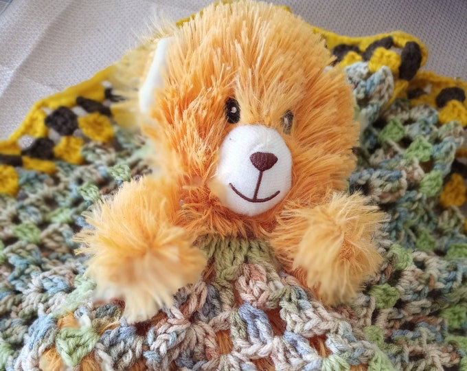 Tan teddy bear lovey with removable stuffed animal