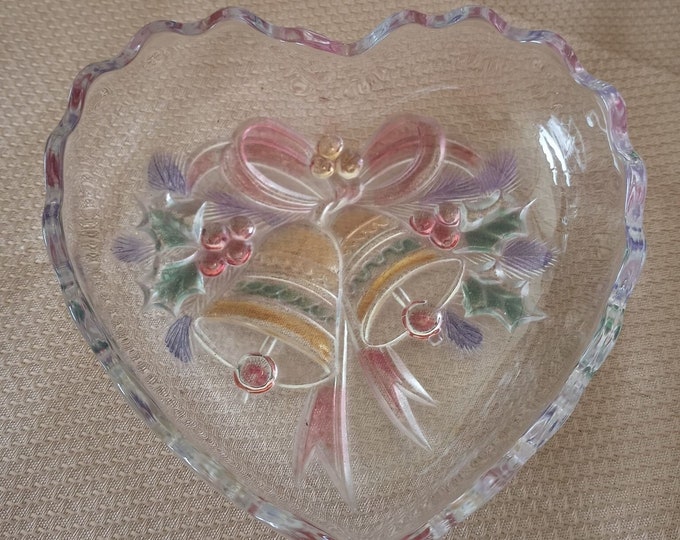 Clear glass painted Christmas bells candy/trinket dish