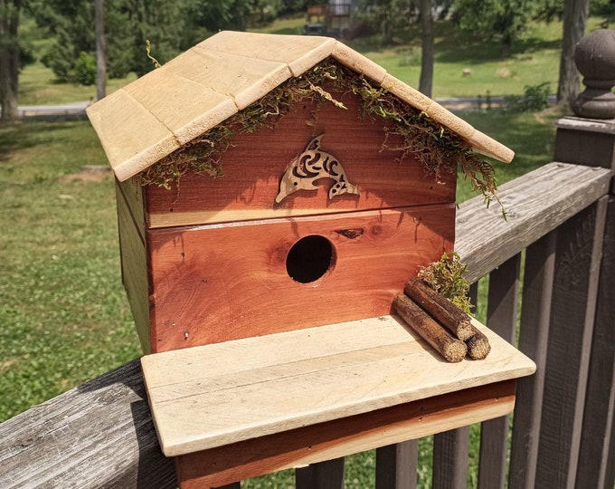 Simple family for one rustic cedar and pine birdhouse