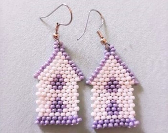 Vintage hand beaded seed bead purple bird house earrings