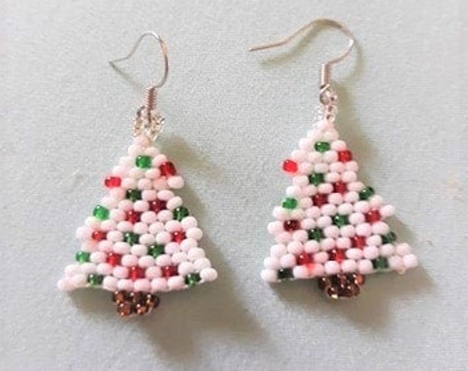 Hand beaded white Christmas trees vintage earrings