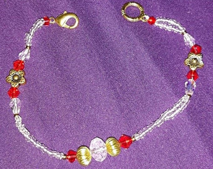 Red and Crystal vintage seed bead with gold flower bracelet