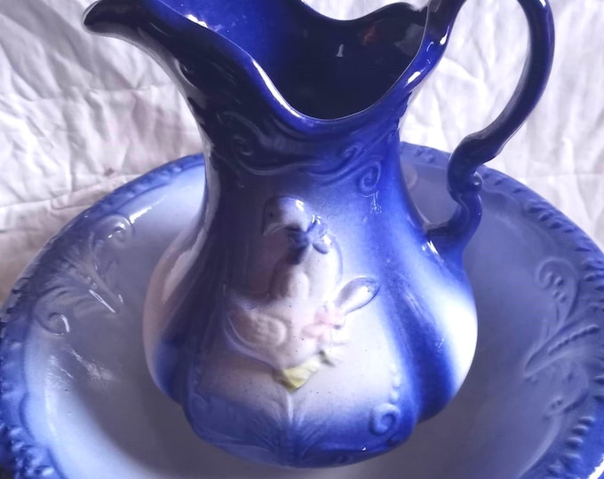 Vintage Cobalt Blue Large Ironstone USA Pottery Pitcher and Basin with geese