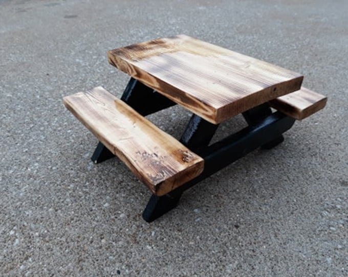 Rustic squirrel picnic table with colored base and torched wood top and seats
