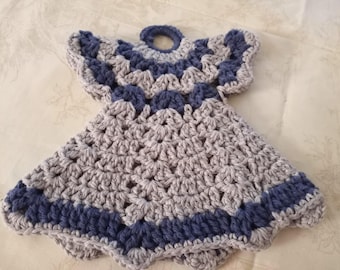 Hand crocheted blue and grey cotton potholder/hotpad  single dress