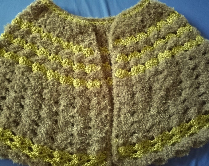 One of a kind green Mohair and acrylic crocheted fuzzy shell stitch ladies shoulder shawl/cape