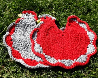 Red and grey chicken dishcloth/ pot holder set made fro 100% cotton yarn