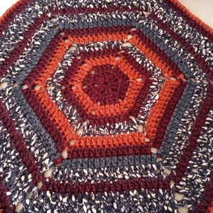 Crochet brown, rust, greys and tan octagon shaped small rug