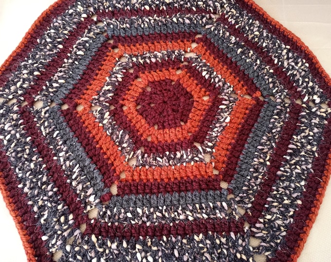 Crochet brown, rust, greys and tan octagon shaped small rug
