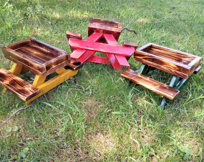Distressed bird or squirrel painted picnic table with tray and wide seats ready to shipDistressed