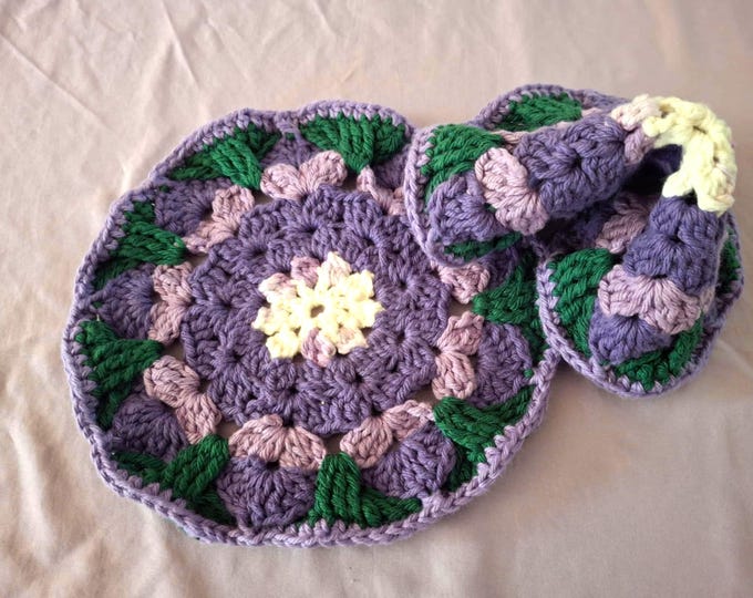 Handcrotheted cotton purple and green round flower potholder set