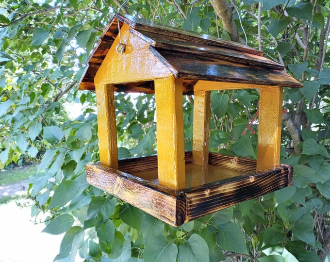 Rustic mustard yellow with torched finish open side barn roof style bird feeder