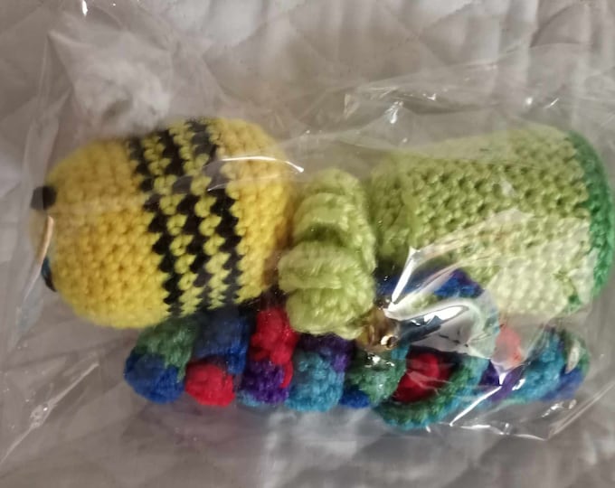 Hand crocheted bee, tube and curly thing  3 pack cat toys with catnip and bells