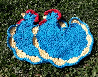 Crochet cotton turquoise chicken potholders/ dishcloth