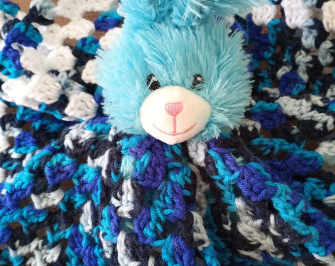Crochet blue bunny lovey with removable stuffed rabbit