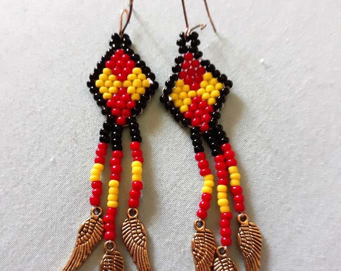 Vintage handbeaded diamond and feather seed beed earrings Native American style one of a kind pair