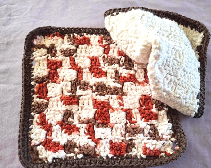 Hand crocheted cotton set of two multi brown and cream square pot holder dish cloth