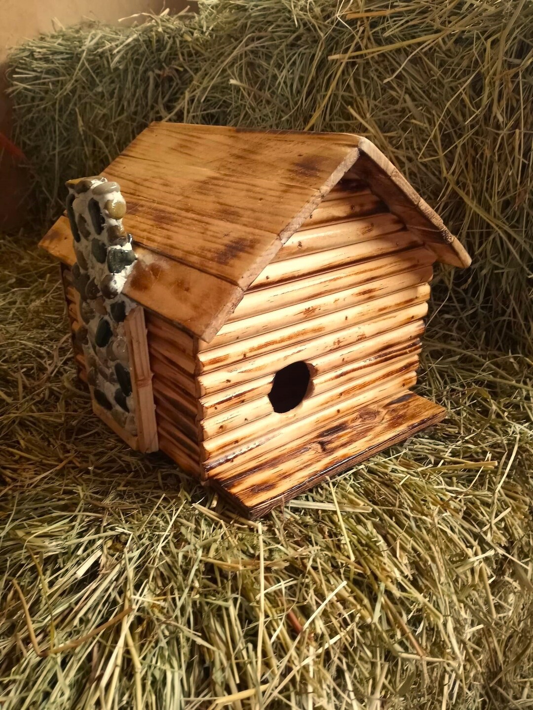 Rustic Country Log Style Reclaimed Wood Birdhouse With Stone Chimney - Etsy