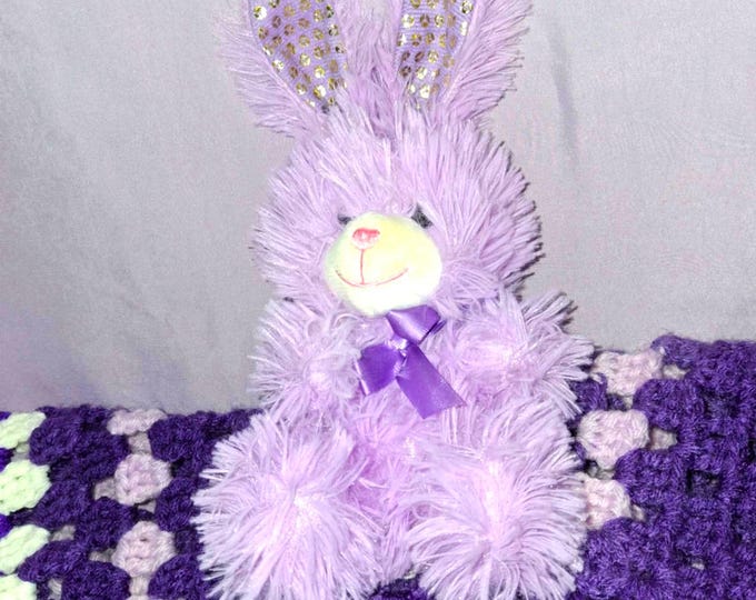 Purple and white plush bunny with crothet snuggle blanket lovey bunny