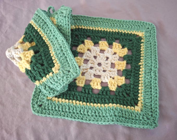 Hand crocheted white, green and yellow granny square dishcloth/ pot holder set