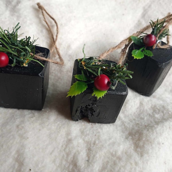 Wooden coal block ornaments for tree or gift giving