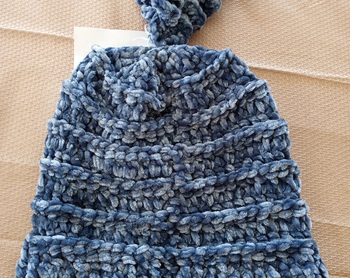 Silver blue crochet chenille hand crocheted slouch hat with tassels warm and cozy winter wear