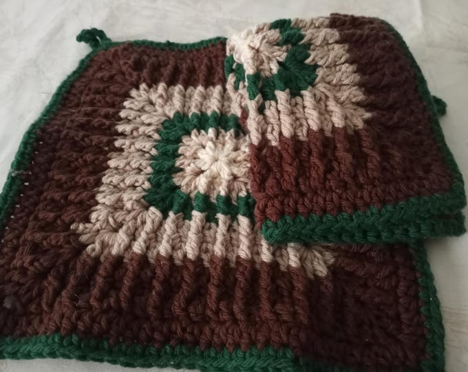 Brown cotton crochet square potholder/dishcloth set