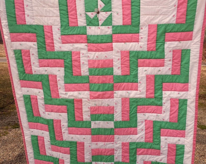 Bright patchwork hand quilted baby blanket
