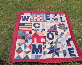 Vintage unfinished 36 x 36 inch welcome sampler quilt top wall hanging ready to finish